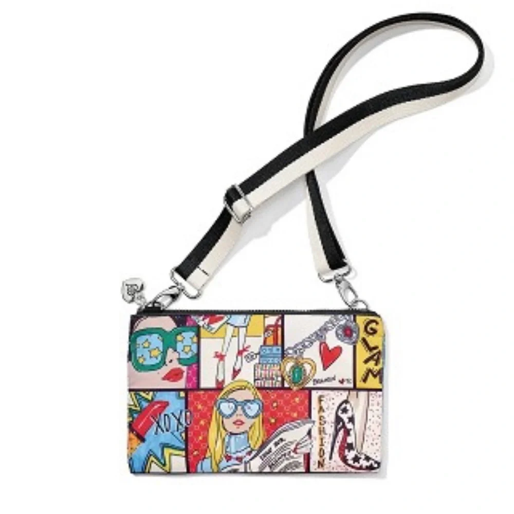 Brighton Multicolor Comic Print Crossbody Bag with Pink Lining